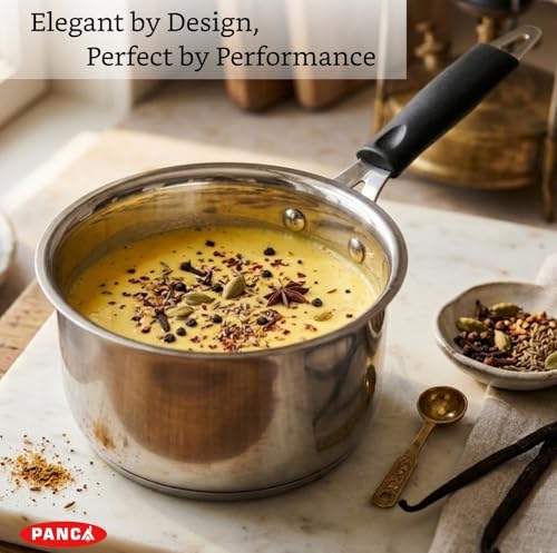 Image of PANCA Stainless Steel Sauce Pan for Tea & Milk, 16cm Triply Bottom Chai Pan with Handle, 1.6 Litre Induction Base Compatible Cooking Pot for Boiling, Sauce (Induction Bottom Capsule Bottom)