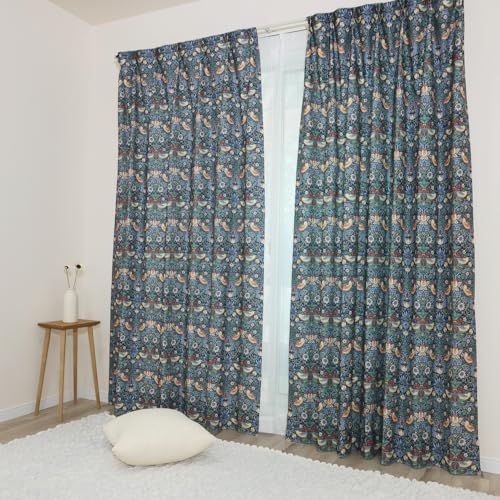 【144サイズ】 ウィリアム・モリス 国産防炎カーテン4枚セット 【Strawberry Thief いちご泥棒】 3級遮光ドレープ2枚+ミラーレース2枚 160cm丈×100cm幅 P258S 断熱 洗濯機OK