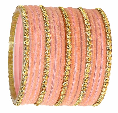 Image of NMII Premium Glass & Golden Beads Velvet Bangle Set For Women and Girls | Velvet Chudi | Traditional Chudi Set | Designer Girl's Bangles Bracelet | Wedding, Party, Festive, Daily- Set of 34
