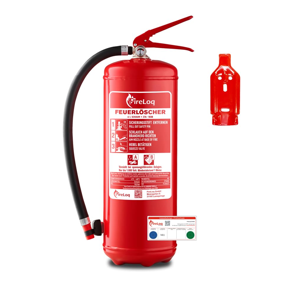 6L Schaum Feuerlöscher für Brandklasse AB mit 27A | 183B ergibt 9LE Dauerdruck inkl. Prüfnachweis,Wandhalter und Manometer