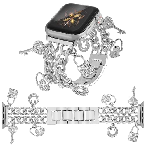 YONWORTH Cuban Chain Band Compatible with Apple Watch Bands 38/40/41mm Women Bling Diamond Chain Metal Wristband Cute Charms Pendants for iWatch Series 10 9 8 7 6 5 4 3 SE (A5-Bling Silver 38MM)
