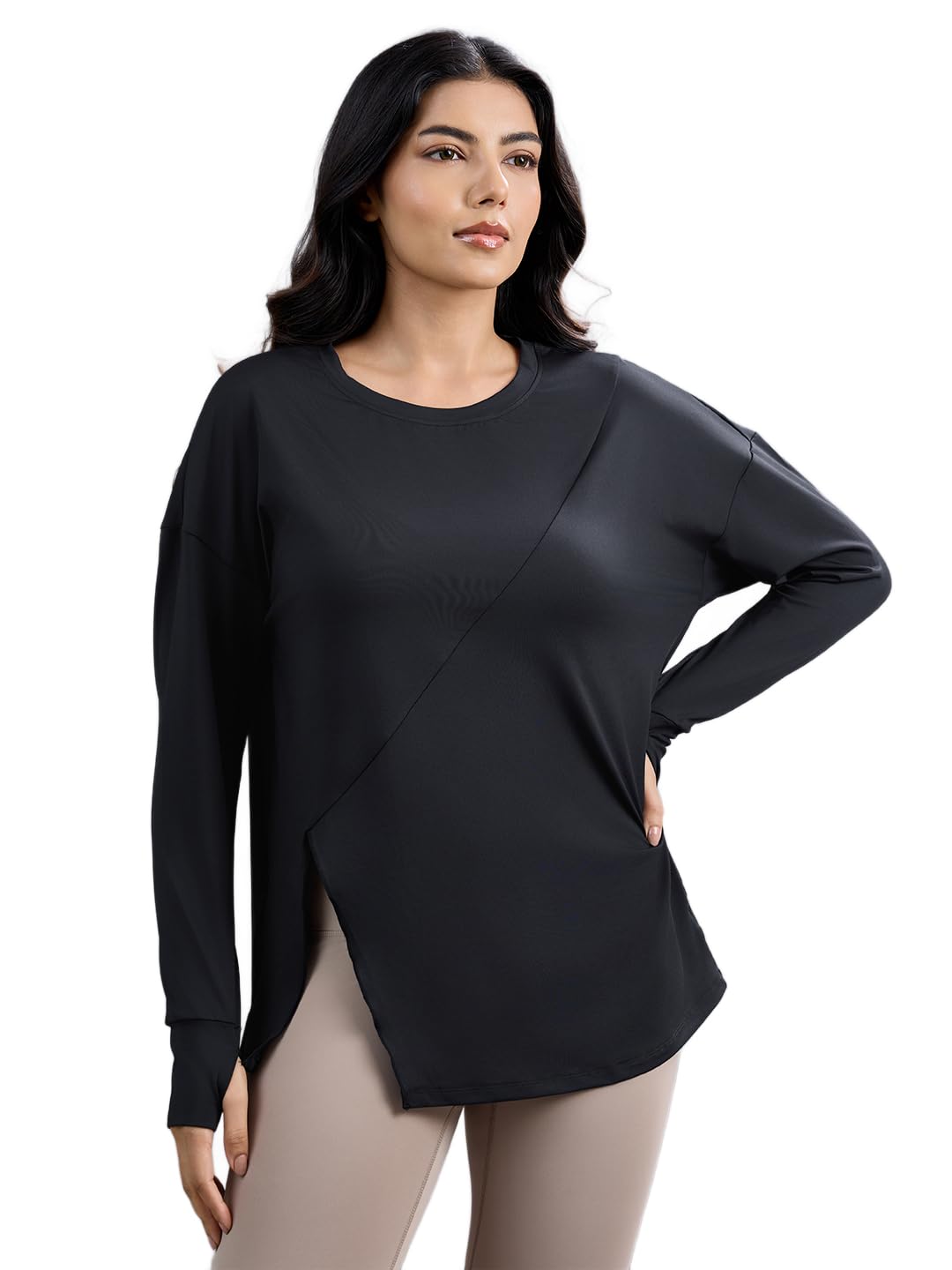 sabi Flow Slit Tee for Women's Black Long Sleeve Workout Top with Thumbholes, Asymmetric Side Slit Gym Shirt, Slim Fit Running & Yoga Activewear Women T-Shirt-picture-53