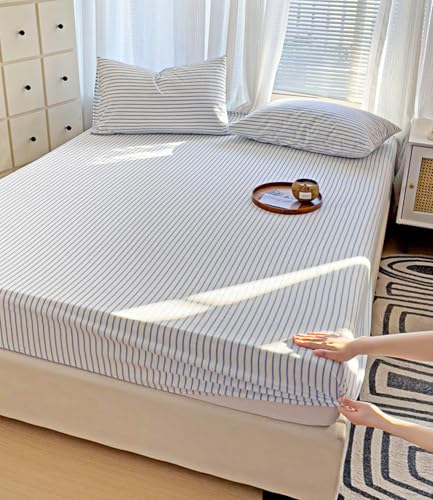 Drap-housse bleu rayé 90x200 polyester résistant décoloration - 3