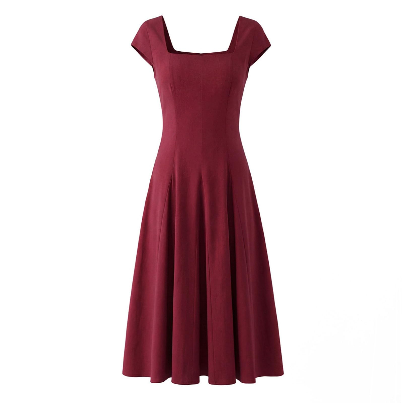 Abito estivo da donna lungo sciancrato, elegante, lunghezza al ginocchio, abito estivo lungo, scollo quadrato, vita alta, maniche a sbuffo, lunghezza al ginocchio, leggero e arioso