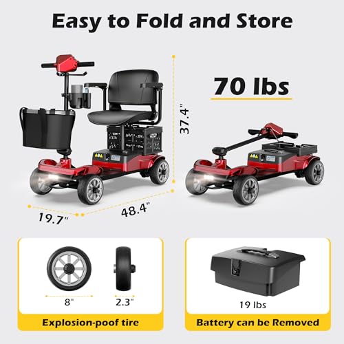 Foldable 4-Wheel Mobility Scooter for Adults – Portable Motorized Scooter with 330 lbs Capacity, Detachable Battery, Dual Baskets, Cup & Phone Holder, Red