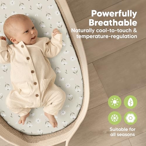 Image of 2-Pack Baby Bassinet Sheets Girl, Boy, 33x17 Bedside Sheets (Daisies) | Viscose Derived from Bamboo, Universal Fitted Bassinet Sheet, Compatible with Halo Bassinest Sleeper, Baby Delight, Graco