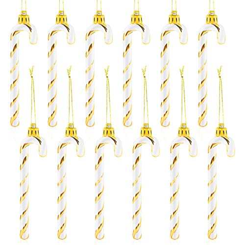 Sucre d'orge Glitter de Noël,12 pcs Candy Cane Canne à Sucre Noel Déco, Bonbons de Canne Decoration Plastique avec des Cordes,Décoration à Suspendre pour Sapin de Noël,Scintillant Doré,13cm Cover