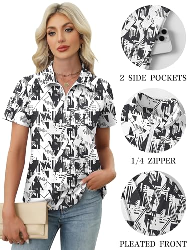 Image of LOMON Womens Golf Polo Shirts Summer Short Sleeve 1 /4 Zip Tops Moisture Wicking Casual Tennis Activewear with Pockets