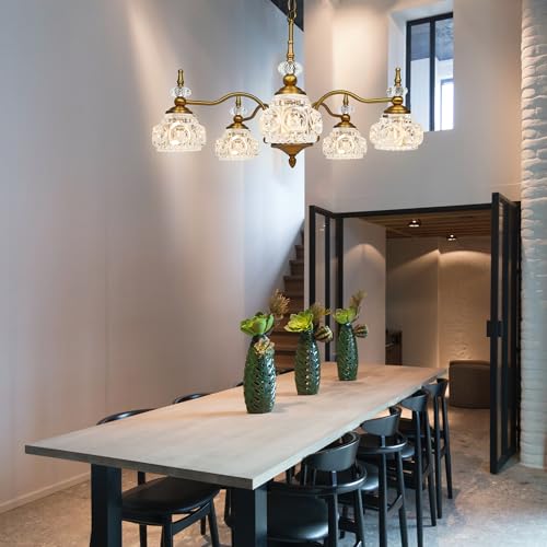 Montex CL005 Vintage Pendant Light Fixture 5 Lights Gold Brass Vintage Chandelier Crystal Glass Shade Brass Pendant thumb #4