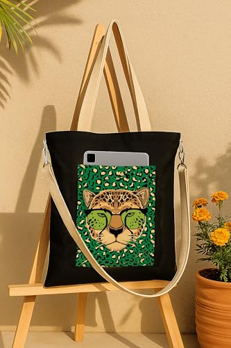 Image of ZORI Black Sling Tote Bag With Pocket and with Beige Straps, Tote Bags For Women large capacity,Tote bag For Shopping, College, Travel, More Canvas Handbag For Unisex