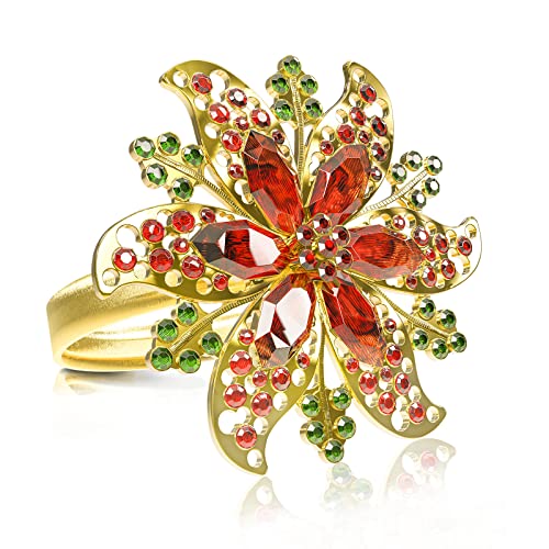 Image of Legigo Set of 8 Christmas Flower Napkin Rings Set for Dinning Table Setting- Red Rhinestone Xmas Winter Napkin Ring Holders for Cloth Napkins, Christmas Holiday Party Dinner Table Decoration