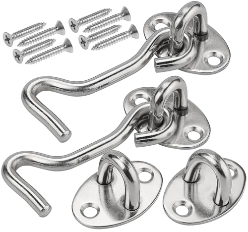 DKBT 3inch Sturmhaken mit öse Edelstahl 2 Stück Riegel Tür Sturmhaken Kabinenhaken Groß Fensterhaken Sturmhaken mit 8Stk Montage Schrauben für Garagentor Fenster Scheunentor Türschlösser(Silber)