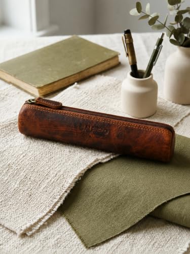 Image of Calfnero Genuine Leather Pen-Case for Men & Women | Premium Leather Pencil-Pouch with Zipper (Kara) | Cylindrical Pen-Holder Organizer for Pen, Pencils & Stationery | Unisex Pen-Sleeve