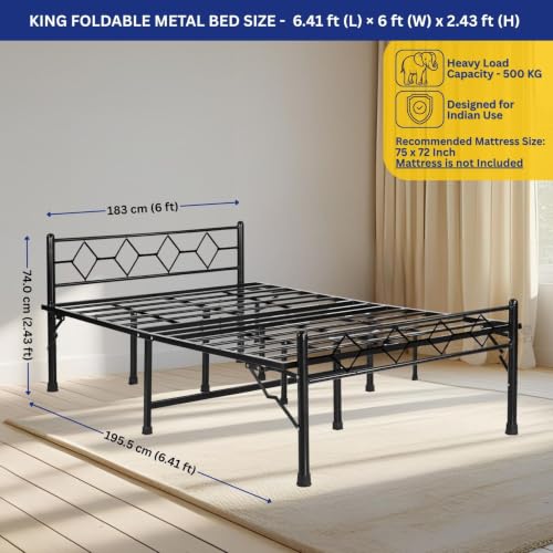 Image of DELITE KOM Dory Foldable Metal Bed | King Size (6.4ft x 6ft) | Portable | No Installation | Strong Steel Frame | Powder Coated | Heavy Load | for 75 inchx72 inch Mattress | Glossy Black | 1 Year Warranty