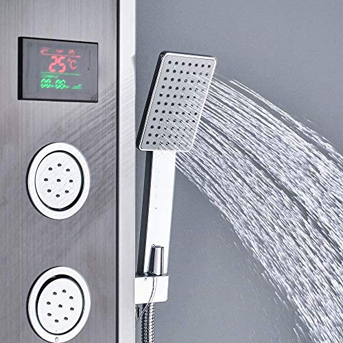Columna de Ducha LED con Panel de Chorro Cascada, Lluvia y Pantalla de Temperatura, con Duchador de Mano y Jets de Hidromasaje, Acabado Cromado, Negro miniatura 6