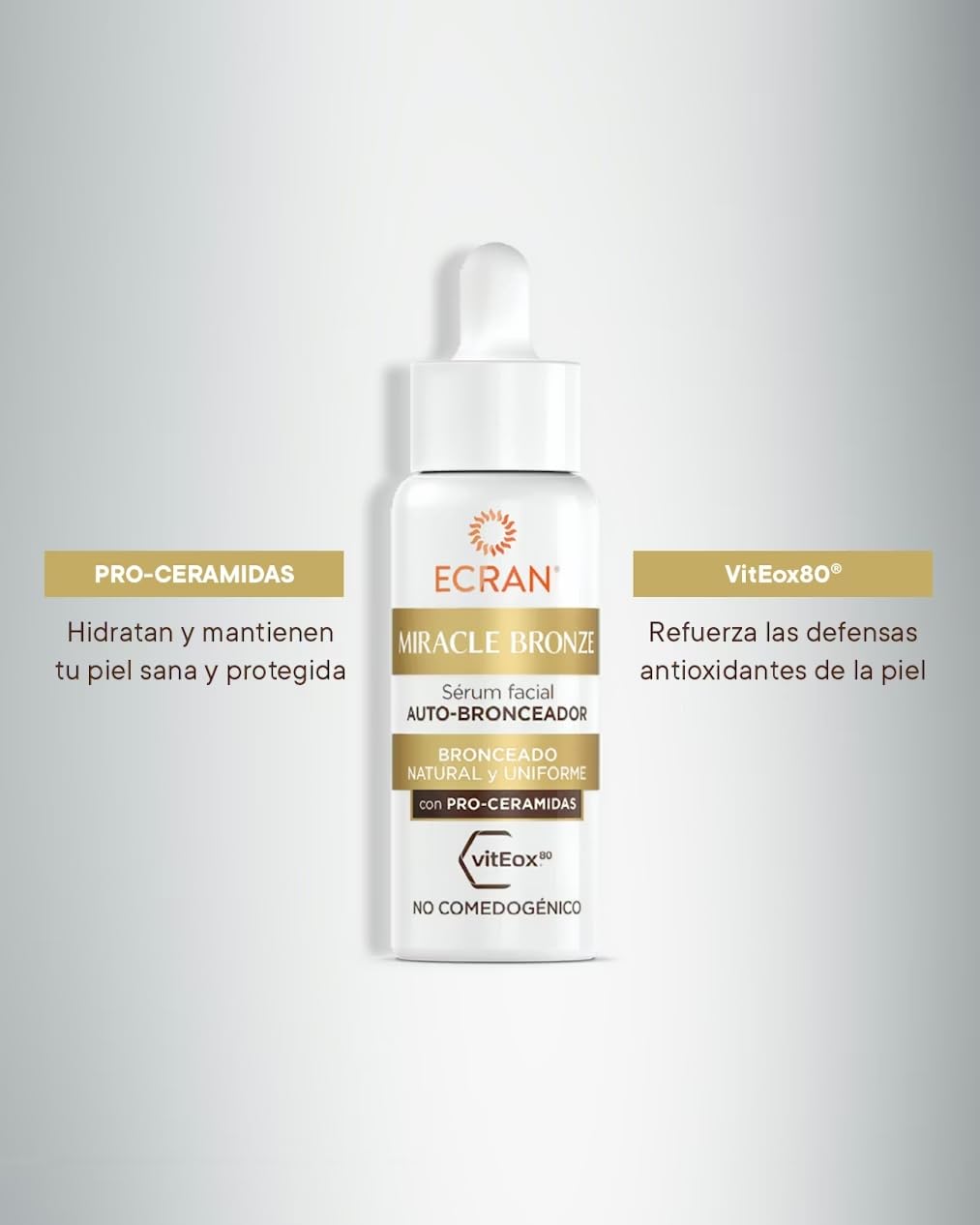 ECRAN Miracle Bronze Autobronceador Facial - Loción Bronceadora con Pro-Ceramidas - Bronceado Natural, Uniforme y Progresivo sin Sol - Textura Ligera, No Reseca ni Engrasa - 4 Días de Duración - 50 ml
