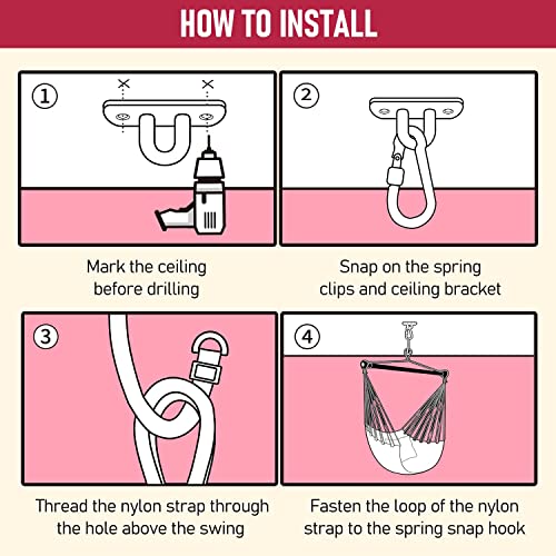 Dekool Hammock Chair Hanging Rope Swing, Detachable Steel Support Bar, Max 330 Lbs, Soft Durable Cotton Canvas, 1 Cushion And Hanging Hardware Included, For Indoor Outdoor, Pink #TOP4