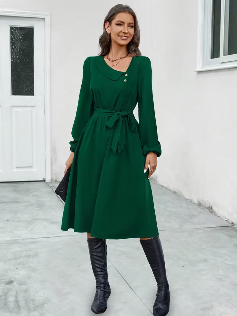 Dresses for Women 2025 Long Sleeve Asymmetrical Neckline Casual Tie Dress Trendy Outifts