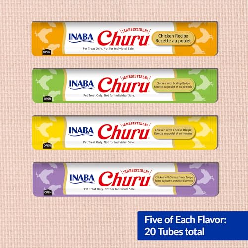 Image of INABA Churu Cat Treats, Lickable, Squeezable Creamy Puree Cat Treat with Green Tea Extract & Taurine, 0.5 Ounces Each Tube, 20 Tubes, Chicken Variety
