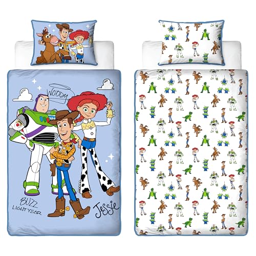 Disney Toy Story Housse de Couette Enfants Simple Officielle | Literie réversible 2 Faces avec taie Assortie | Design Explore avec Buzz, Woody, Jessie | Polycoton
