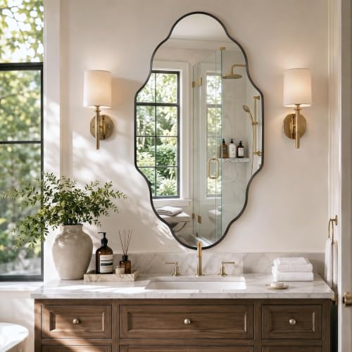 Image of Scalloped Black Bathroom Mirror, Irregular Wall Decorative Mirror | Brushed Metal Frame, HD Glass Decorative Mirror for Wall Decor, Vanity Mirror for Living Room Entryway (24 inch x 36 inch, 2 Pack)