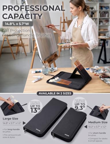 Image of DUGATO Long Brush Holder & Organizer, Canvas Case 5.7 x 14.8 in, Black | 15 Slots Zipper Paint Brush Case for Brushes up to 13 in Length, Artist Long Handle Brush Art Case (Brush Not Included)