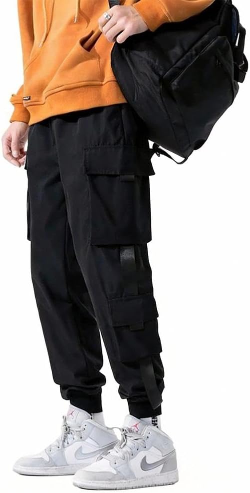 Loose Fit Multi Pocket Joggers for Spring Men' Street Style Waist Drawstring Casual Pants Cargo Fitness Outdo