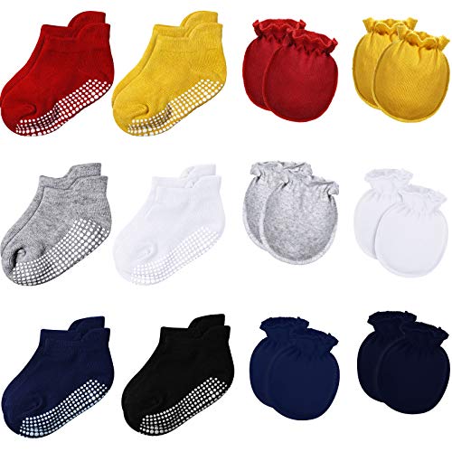 6 Pairs Baby Mittens Newborn Gloves No Scratch Mittens with 6 Pairs Non Slip Baby Ankle Socks for Boys and Girls