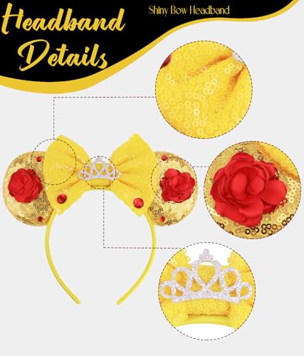 Mouse Ears Headband with Beauty Red Rose, Princess Belle Ears Headbands for Halloween Costume, Princess Party Headwear Hair Accessories for Women - Red Rose3