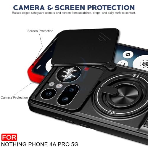 Image of AESTMO Nothing Phone 4A Pro 5G Back Cover | Armor Camera Slider 360 Degree Rotating Finger Ring Holder Case with Bracket Stand & Camera Protection Back Case Cover for Nothing Phone 4A Pro 5G (Black)