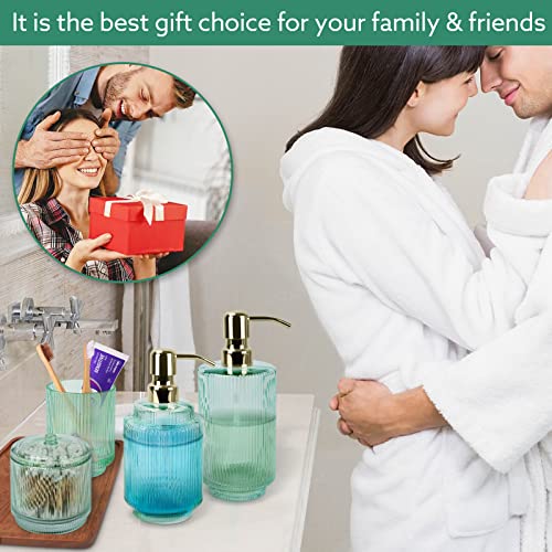 Bathroom Accessory Set,5 Pcs Modern Premium Glass Bath Accessories,Set Of 2 Lotion Soap Dispenser,Toothbrush Holder,Qtip Holder & Acacia Wooden Tray,Gift For Home Decor & Countertop Organizer,Green #TOP4