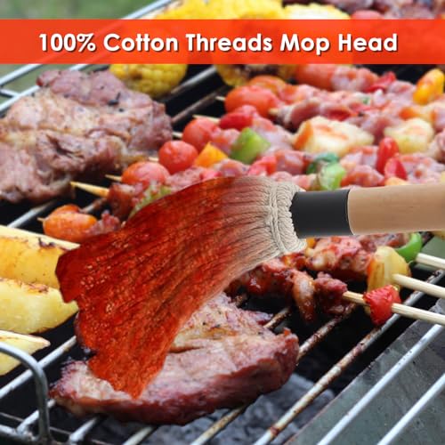 Image of Cast Iron Sauce Pot & Mop Brush Set-4Pcs Heads BBQ Basting Kit for Grilling | Cast iron pot+4-head mop brush set. Holds heat to keep sauces warm. Removable wood handle. For BBQ basting & butter melting.