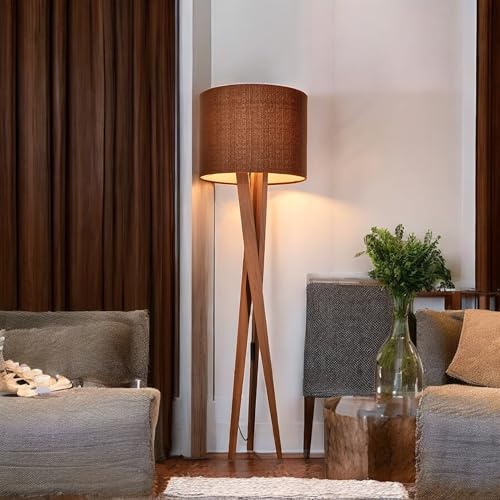 D+MOB Luminaria Chão Abajur Tripe Madeira Retrô Luxo Cúpula Tecido Marrom