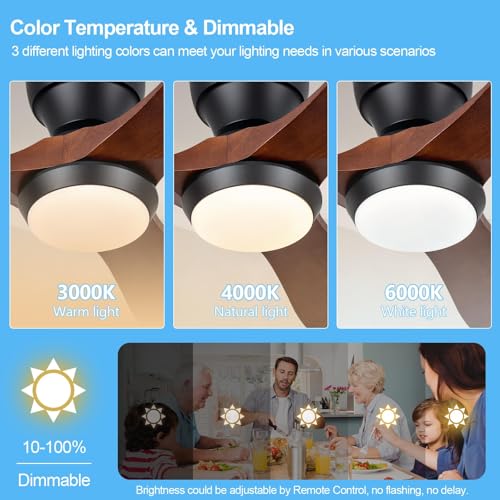 Image of 36 Inch Wood Flush Mount Ceiling Fans with Lights and Remote, Dimmable 3 Blade Wood Bedroom Ceiling Fan with Lights Low Profile Ceiling Fans with Light Outdoor Ceiling Fan for Patios Bedroom