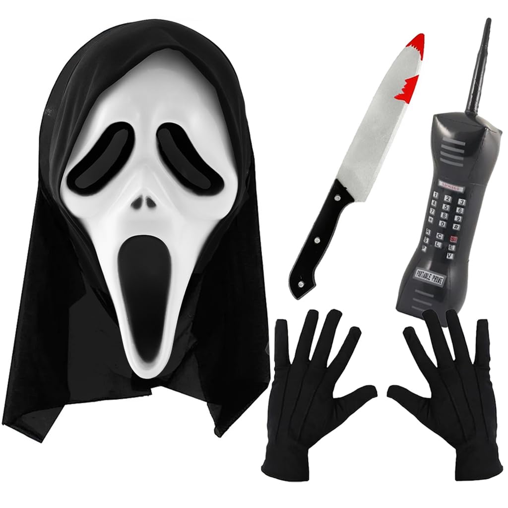 Adults Screamer Costume - Plastic Screamer Mask, Fake Plastic Bloody Knife, Inflatable Phone, Black Gloves - Mens Womens Trick or Treat Scary Halloween Fancy Dress Costume