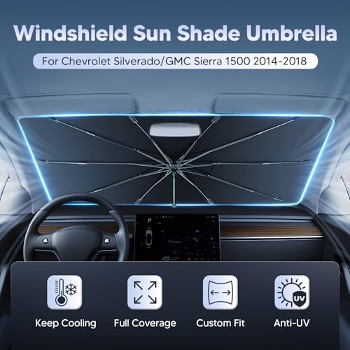 Image of Autorder Windshield Sun Shade Umbrella for 2014-2018 Chevrolet Chevy Silverado /GMC Sierra 1500 2500 3500 Accessories, Upgraded Ice Crystal Material, Umbrella Sunshade for Car Windshield Sun Blocking