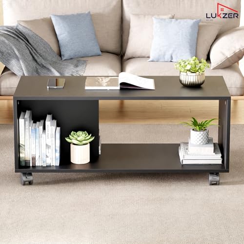Image of Lukzer Engineered Wood Center Table with Wheels | CT-003 /Black | Open Rack Storage Organizing Desk Bed Side Display Stand Fashionable Furniture Rolling Coffee Tea Table DIY (80X40X40 Cm)