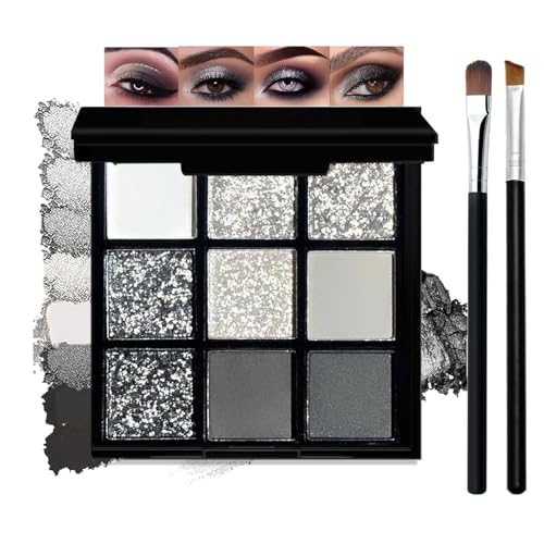 Image of 9-Colour Shimmer Eyeshadow Palette, Grey And Black, 2 Brushes, 1 Set