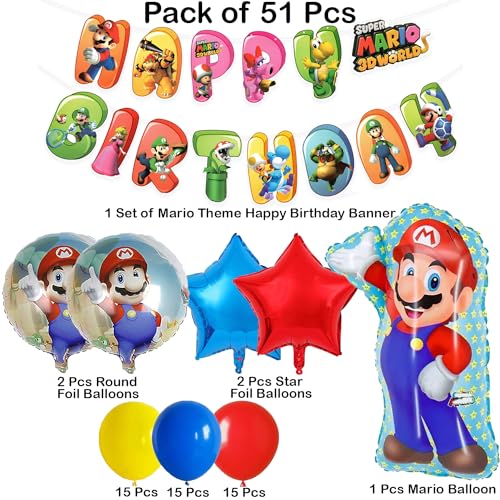 Image of Rozi Decoration Latex, Foil, Cardstock Mario Theme Birthday Decoration Items Combo Kit Set Of 51 Pcs Super Mario Theme Birthday Decoration | Kids Birthday Decoration Items For Boys,Multicolor