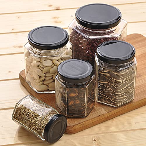 Woaiwo-q 6 oz Hexagon Glass Honey Jars With Black Lids, Bronze Bee Pendants, Wooden Sticks, Small Tags, 1.5m Jute Twine - Clear for Honey, Jams, Liquid