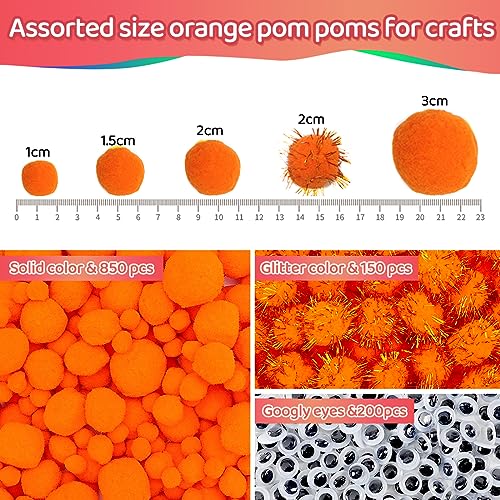Image of Iooleem Orange Pom Poms, 1200pcs Assorted Size Pompoms,Pom Poms for Arts and Crafts, Pom Pom Balls with Wiggle Eyes in jar, Glitter Pom Poms, Craft Supplies.