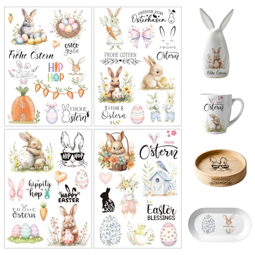 4 Stück Rub On Sticker Ostern Transferaufkleber Selbstklebend Frohe Ostern Sticker Bunt Rub Ons Sprüche Ostereier Osterhasen Aufkleber Rub On Folie Frühling für Scrapbooking Glas Holz Möbel Keramik