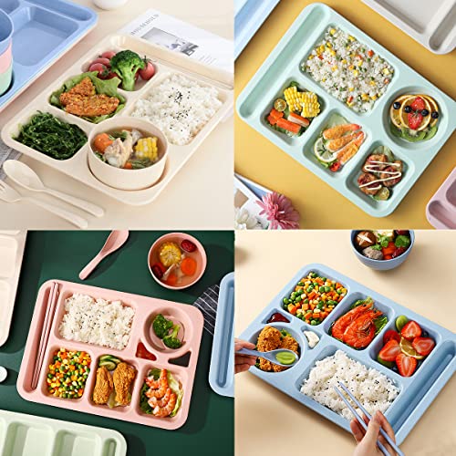 4Pcs Unbreakable Divided Plate,14Inch Reusable Plastic Lunch Trays With 6 Compartments,Large Portion Control Plate Balanced Meal Plate For Adults,Microwave & Dishwasher Safe For Daily Use,4Colors #TOP4