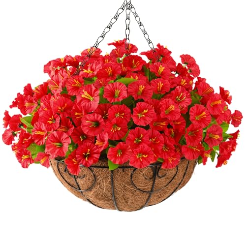Homsunny Artificial Fake Hanging Flowers Plants with Basket for Outdoor - Fake Petunias Flowers Fake Silk Morning Glory Planter for Outside Porch Patio Balcony Garden Spring Summer Decor(Rose red) by Homsunny - Used condition - US$16.34