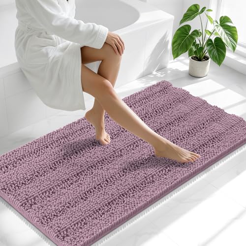 Image of Smiry Thick Chenille Bathroom Runner Rugs 47x24, Extra Absorbent Striped Bath Mat, Machine Washable, Rubber Backing, Long Bath Rugs for Tub & Shower, Modern Home Decor Accessories, Deep Plum