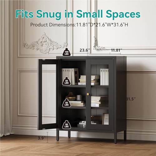 Image of Small Metal Cabinet with Glass Doors,Display Storage Cabinet with 2 Adjustable Shelves for Bathroom Entryway Living Room Dining Room Kitchen,3-Tier,11.8 inch D x 23.6 inch W x 31.5 inch H, Black