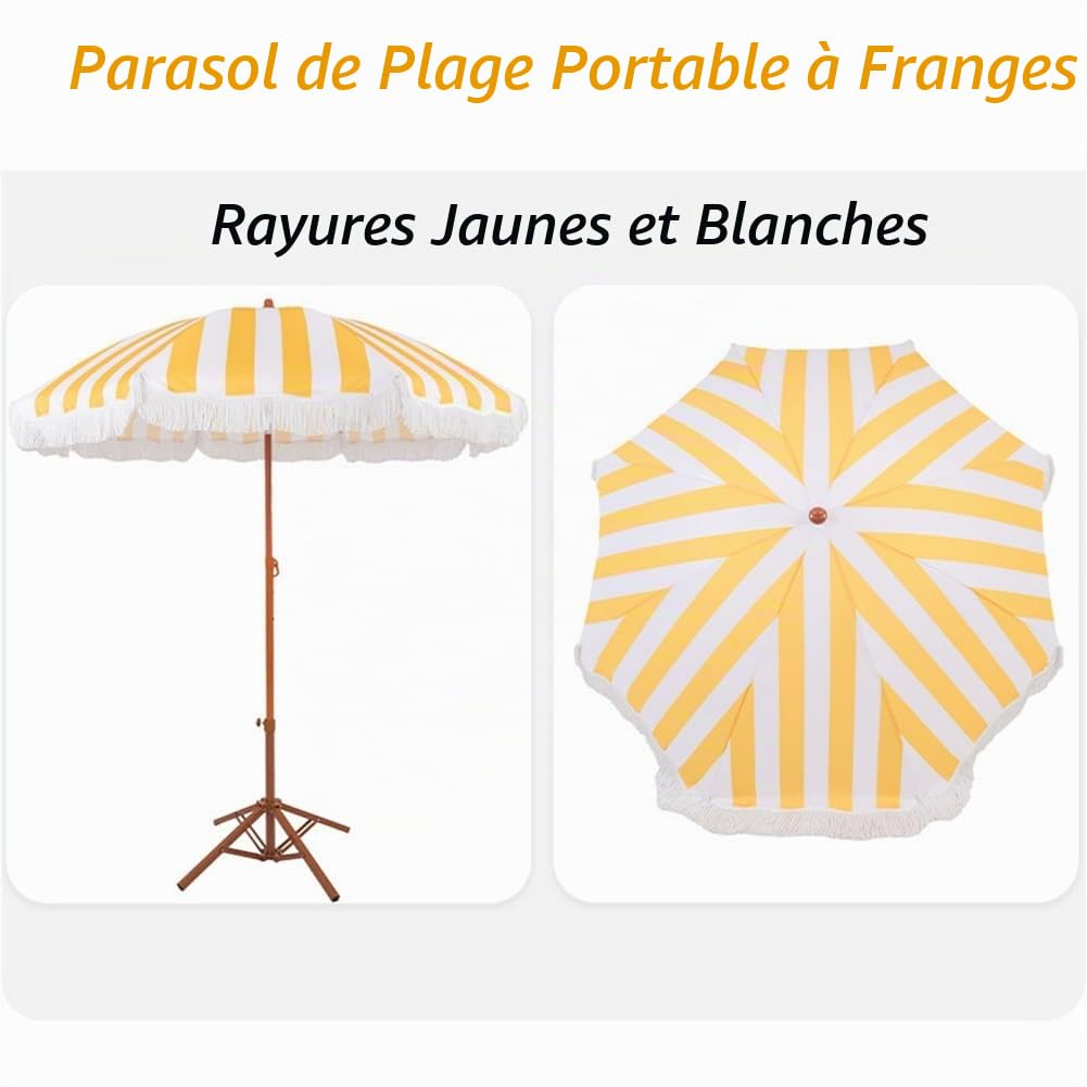 Parasol de Plage d'extérieur à Franges de 200 cm, Rayures Jaunes et Blanches, Parasol Inclinable pour Piscine, Pelouse, Jardin ou Terrasse, UPF 50+