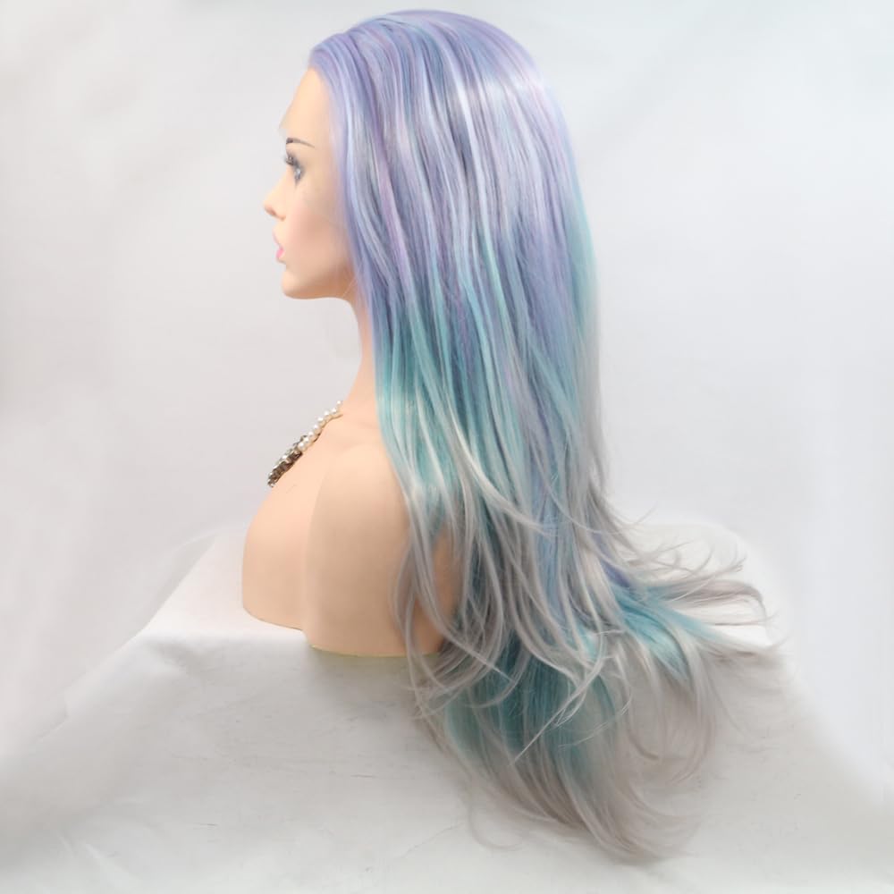 Xiweiya Light Purple Lace Wigs 13x3 Lace Mixed Purple Ombre Blue Grey Lace Front Wigs Long Silky Straight Colorful Hair Synthetic Lace Wig Heat Resistant Fiber Hair for Women Drag Queen Cosplay 24inch - Image 4