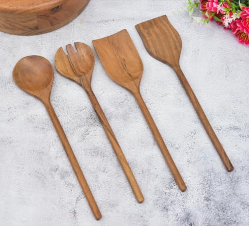 Image of Sanjeev Kapoor by OGGN Acacia Wood Serving & Cooking Spoon Set of 4, Handmade Wooden Spatula Set for Cooking, Non Stick Kitchen Tools, Turner, Ladle, Pasta & Frying Spoon, Natural Cookware