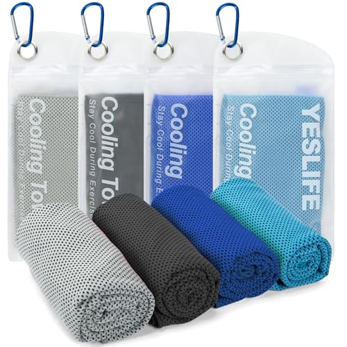 YESLIFE 4 Pack Cooling Towel 40'x12', Gym Towels for Men and Women, Soft Breathable Workout Towels for Yoga, Running, Sport, & More (Black, Dark Blue, Blue, Grey)